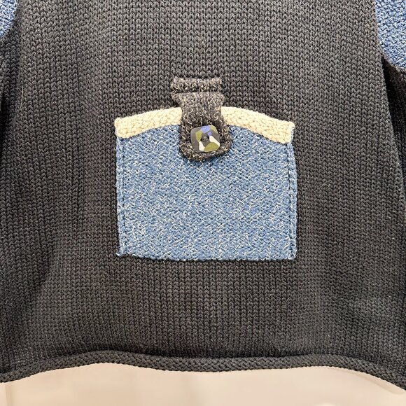 SOLD Vintage Ani Barrie Art Sweater Vest 100% Cotton Blue Black Pockets Knit - Picture 7 of 8